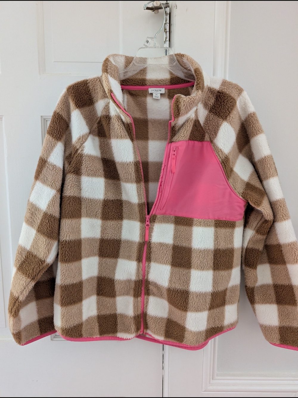 J.Crew Pink Trim Brown & White Check Fleece Jacket